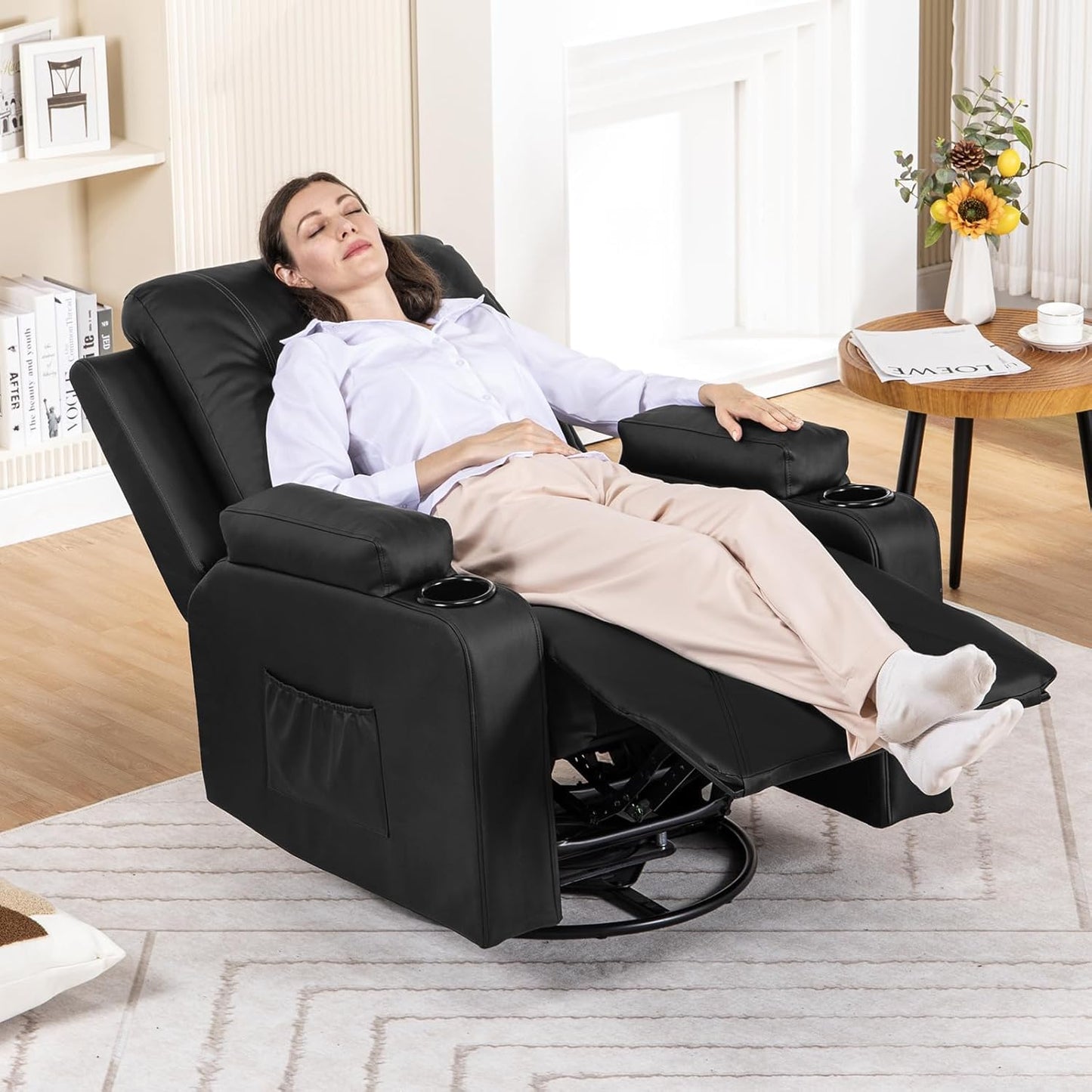 COMHOMA Recliner Chair, Swivel Rocker Recliners, Massage and Heat Reclining Chair, Reclining Sofa with Side Pockets, Cup Holders for Living Room, Bedroom (Black)