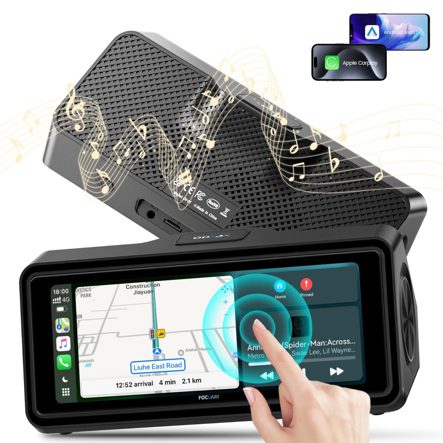 Portable Apple Carplay Screen for Car, Touch Screen with Wireless Android Auto, Car Audio Receivers with Voice Control, Mirror Link, Music Play, GPS Navigation, Built-in Customized Speakers (Black)