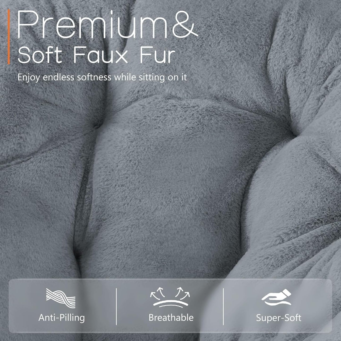 Elevon Saucer Chair Faux Fur with Soft and Thick Padded Seat Metal Frame, Modern Style Folding Cozy Chair for Bedroom, Living Room,XL, Grey