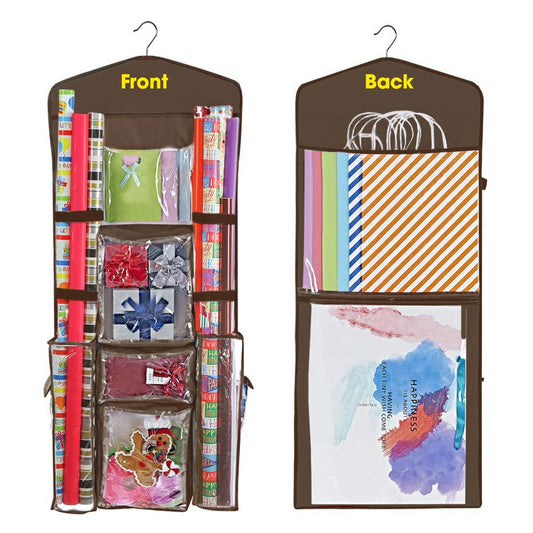 ProPik Hanging Double Sided Wrapping Paper Storage Organizer with Multiple Pockets, Organize your Gift Wrap, Gift Bags, Bows, Ribbons 40"X17" Fits 40 Inch Rolls Clear PVC Bag (Brown)