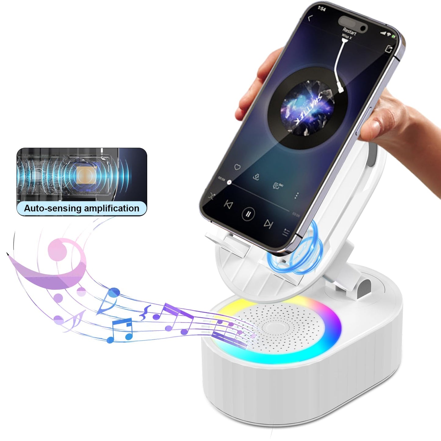 Wireless Induction Audio Bluetooth Speaker 5in1 Phone Holder Emergency Rechargeable (3000mAh) with Colorful Ambient Light 300° Foldable for Tablet iPhone Android, Gifts for Men Women (Black)
