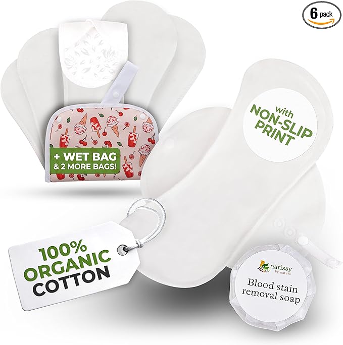 Non-Slip Reusable Period Pads for Teen Girls (S+M, 6-Pack); High-Temp Washable Organic Cotton Cloth Pad; Reliable, Non-Irritating, Soft Reusable Pads Menstrual for Secure & Comfortable First Period