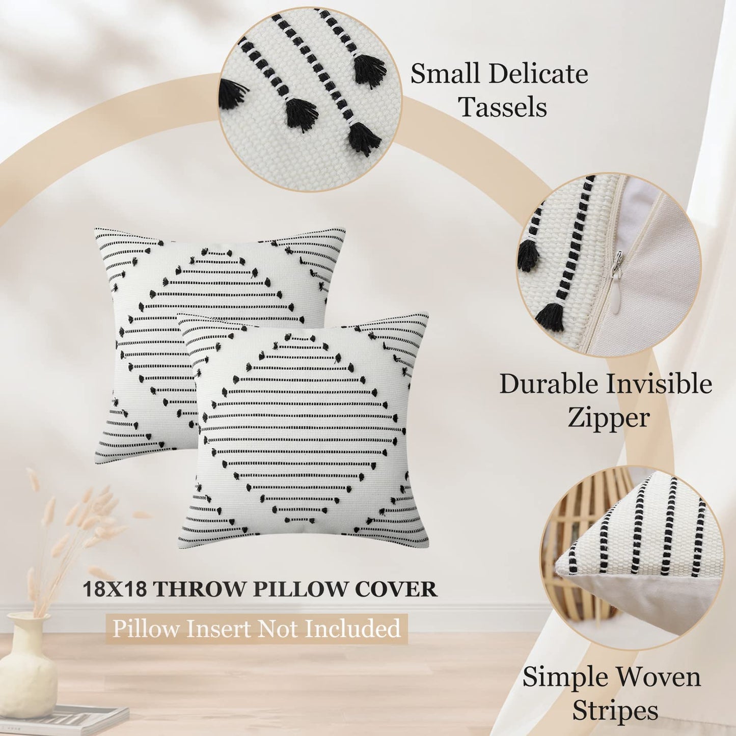 Mecatny Boho Outdoor Throw Pillow Covers 18X18 Set of 2, Farmhouse Decorative Summer Pillow Covers for Couch Sofa Living Room, Black & Cream White