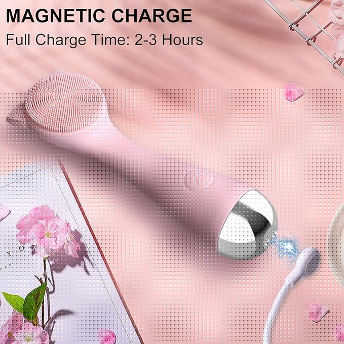 Facial Cleansing Brush, Silicone Face Scrubber Exfoliator for Men & Women, Electric Face Brush Waterproof, with 3 Speeds Adjustable for Deep Cleaning, Removing Blackhead, Face Massaging (Pink)