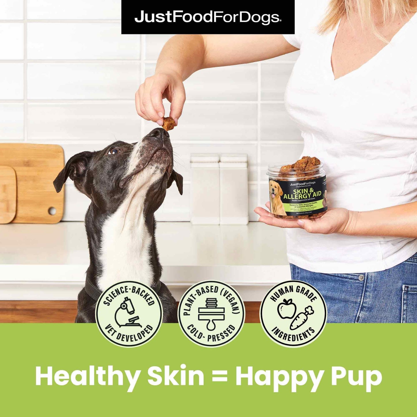 JustFoodForDogs Skin & Allergy Care Soft Chews Supplement for Dogs, Seasonal Allergies, Itchy Skin Relief, Inflammation, Immune Support - 45 Count