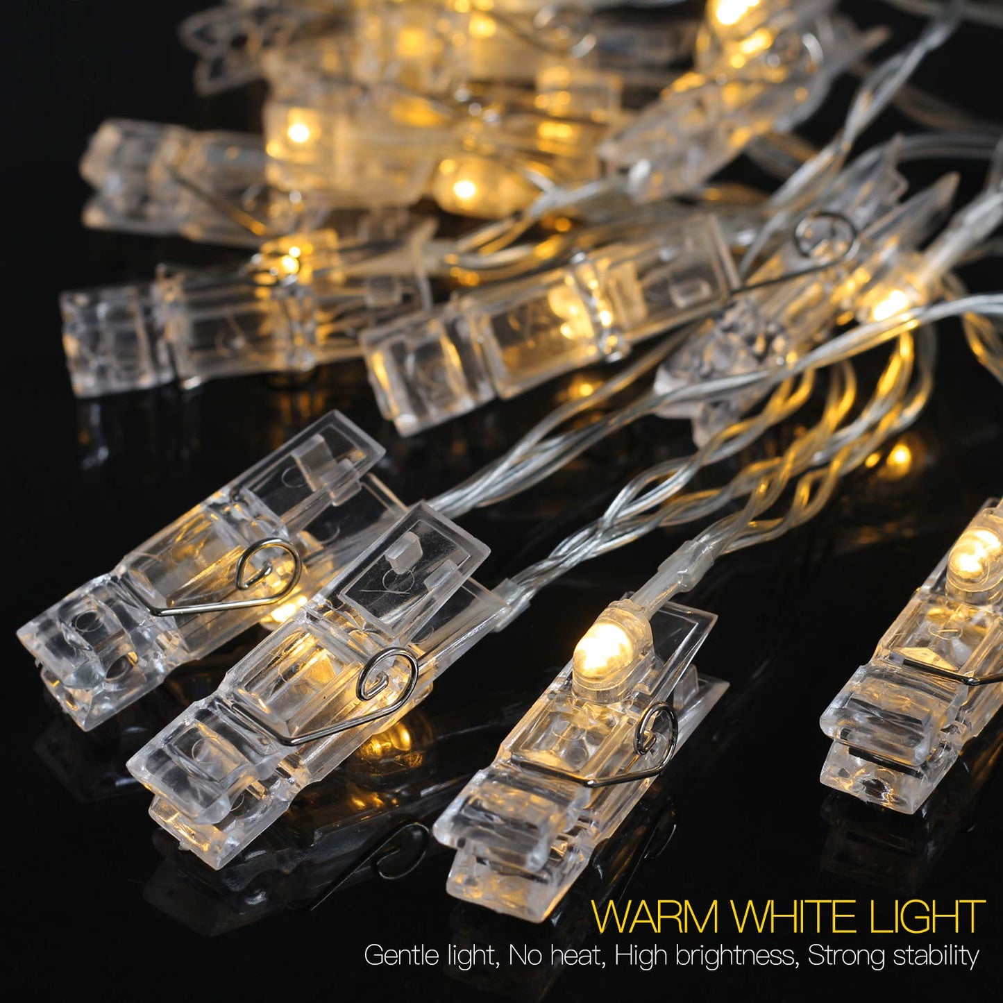 Betus 10 Ft 20 LEDs Photo Clips String Lights - Battery Powered Fairy Twinkle Light with Clips for Hanging Photos Pictures Cards & Artwork, for Bedroom Home Decoration (Warm White)