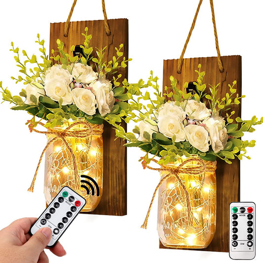 AerWo 2Pcs Mason Jar Sconces Wall Decor, Handmade Rustic Sunflower Wall Decor with LED Fairy Lights and Flowers, Hanging Mason Jar for Farmhouse Kitchen Decorations Living Room Lights