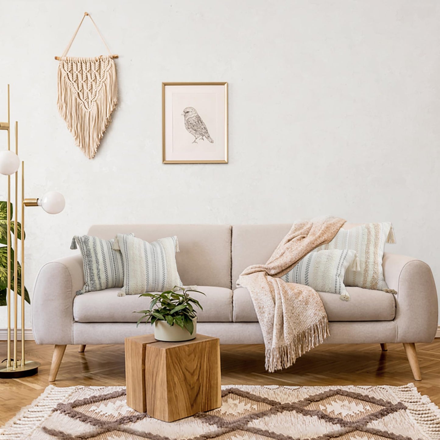 decorUhome Decorative Boho Throw Pillow Cover 12x20, Lumbar Accent Neutral Textured Tufted Pillow Cover Striped for Couch Bed Sofa, Beige and Cream White, Pack of 1