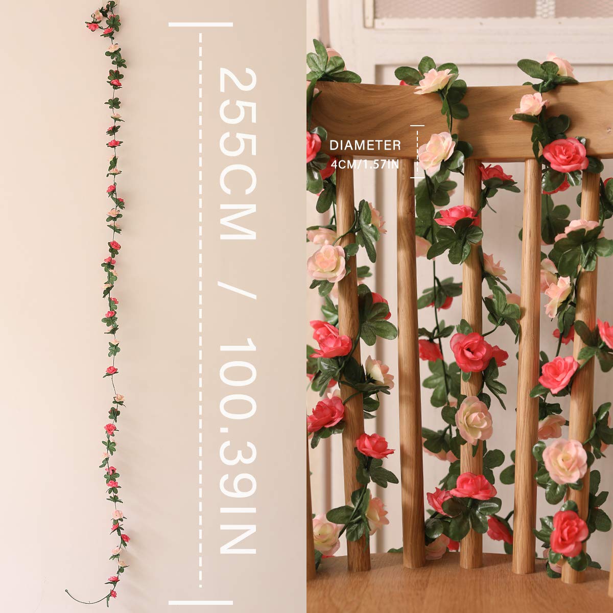 PARTY JOY 5pcs 41Ft Flower Garland Fake Rose Vine Artificial Flowers Hanging Rose Ivy Hanging Baskets Wedding Arch Garden Background Decor (Pink, 5)
