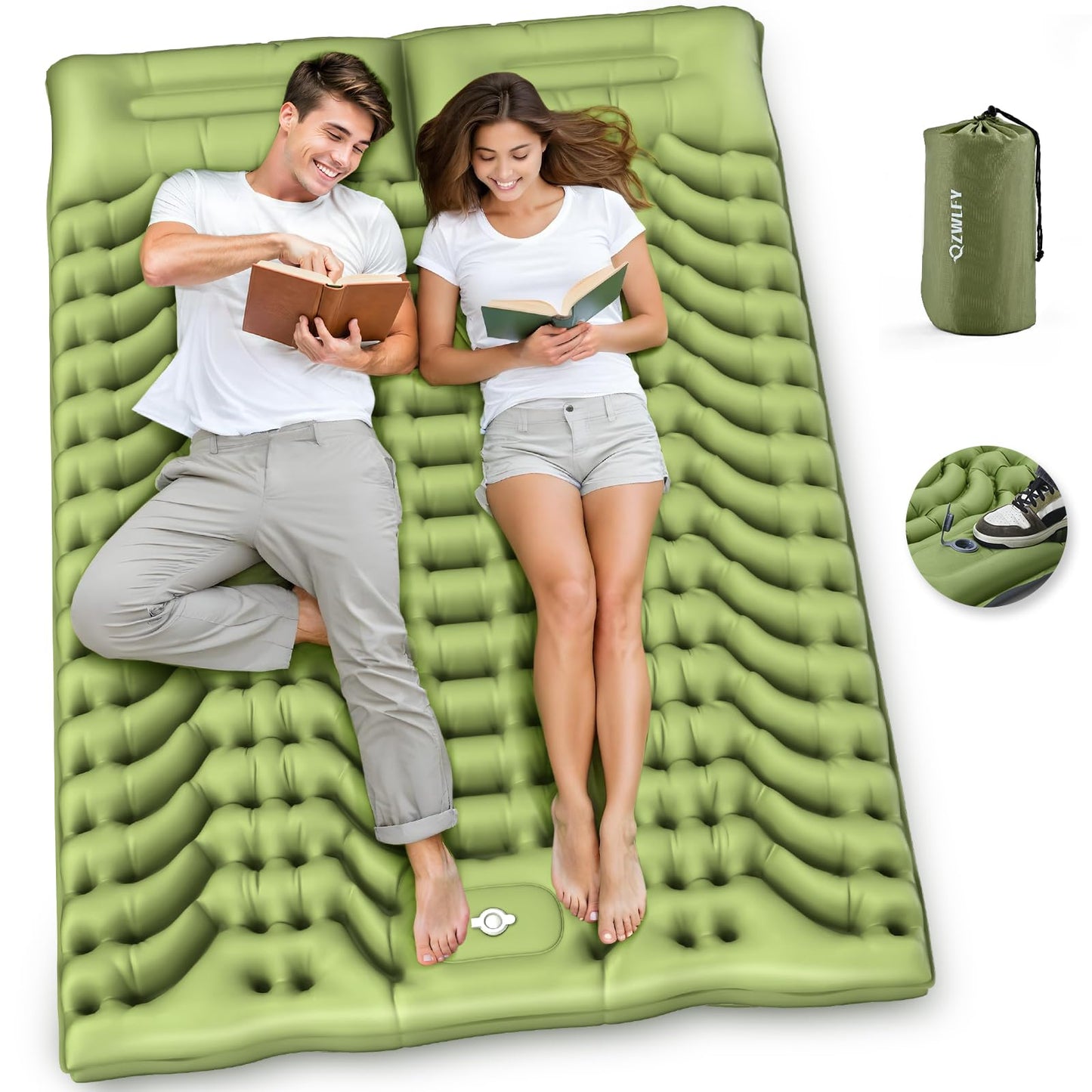 Camping Sleeping Pad,Double Sleeping Pad for Camping-Self Inflating 4" Extra-Thick for 2 Person with Pillow Built-in Foot Pump Inflatable Sleeping Mat for Backpacking,Hiking,Traveling,Tent