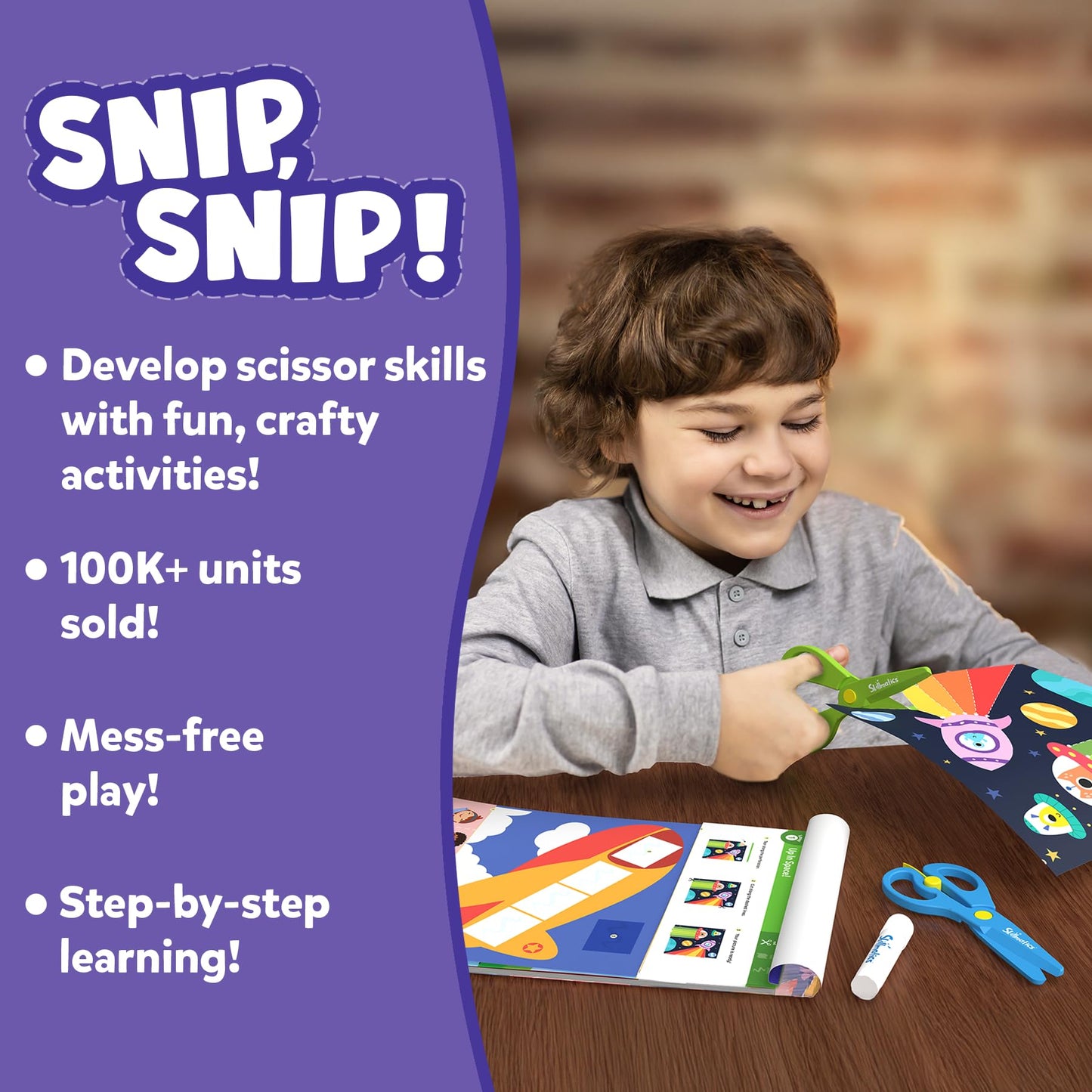 Skillmatics Scissor Skills Activity Book - Snip Snip, 25 Fun Cutting & Creative Activities for Preschoolers, 2 Child-Safe Scissors, Fine Motor Skills Craft Kit, Gifts for Kids Ages 3, 4, 5, 6, 7