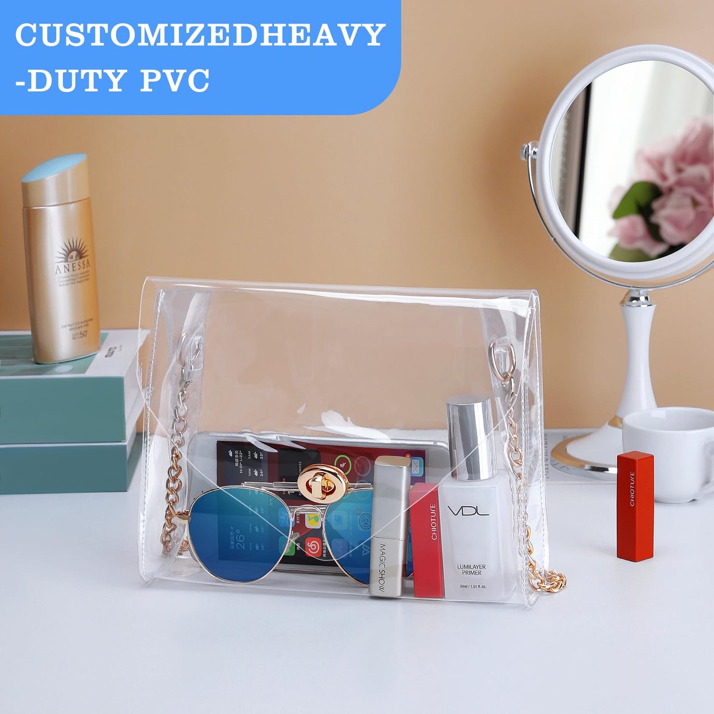 HAOGUAGUA Clear Purse for Women, Clear Bag Stadium Approved, See Through Clear Handbag for Concerts Sports Events (Gold)