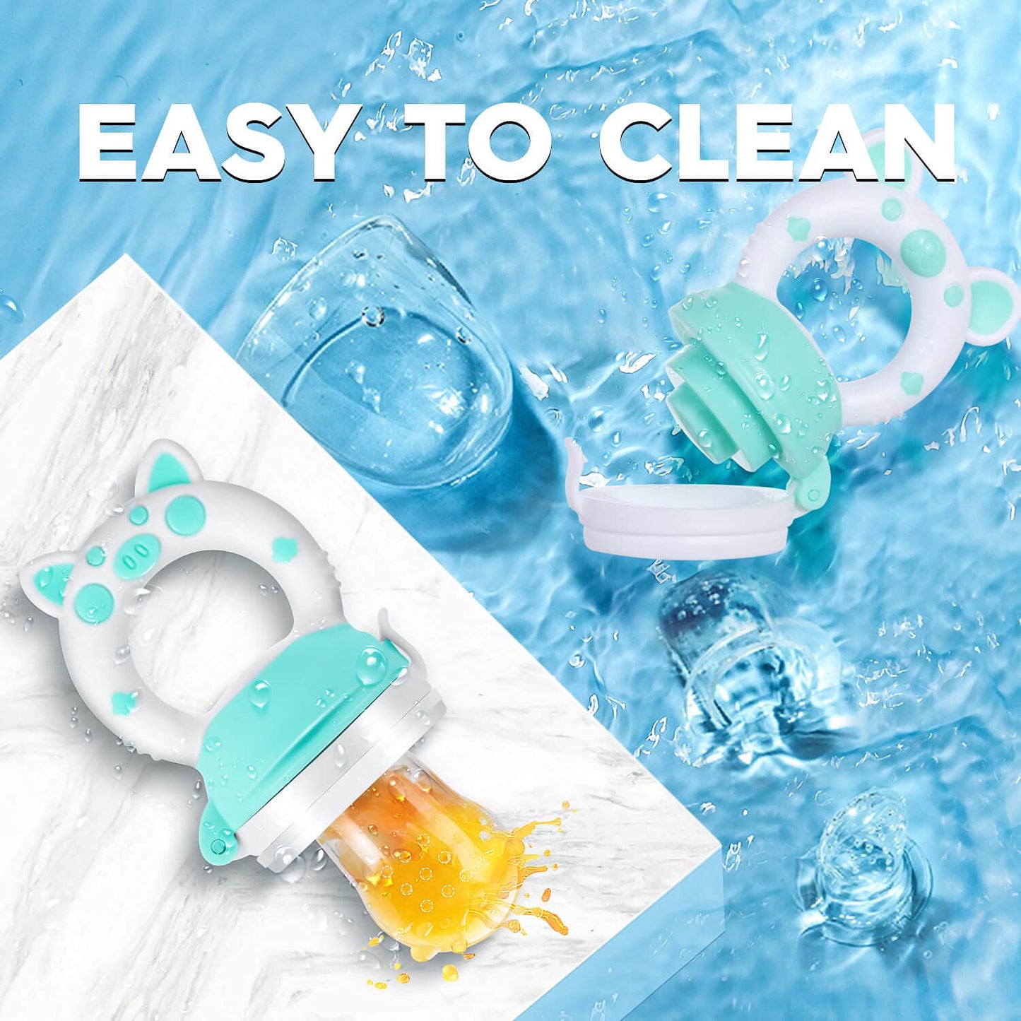 Baby Fruit Food Feeder Pacifier - Fresh Teething Pacifiers, Infant Fruit Teething Teether Toy for 3-24 Months, 6 Pcs Silicone Pouches for Toddlers & Kids & Babies, Piggy Handle 2-Pack (Pink & Gray)