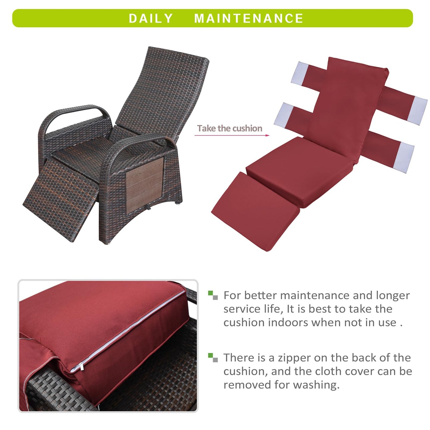 ATR ART TO REAL Outdoor Recliner Chairs, PE Wicker Reclining Lounge Chair with Removable Soft Cushion, Adjustable Outside Recliners for Patio, Porch, Poolside, Balcony, Lawn (Red, 1 PC)
