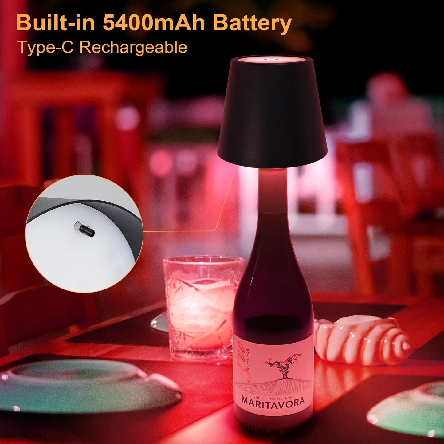 DUSKTEC Wireless Wine Bottle Lampshade, 8 RGB Modes, Light Temperature 3000-6500K, Rechargeable Touch Wine Bottle Lamp, Portable Wireless Lamp, Bar Lights, Party, Gift (Black)