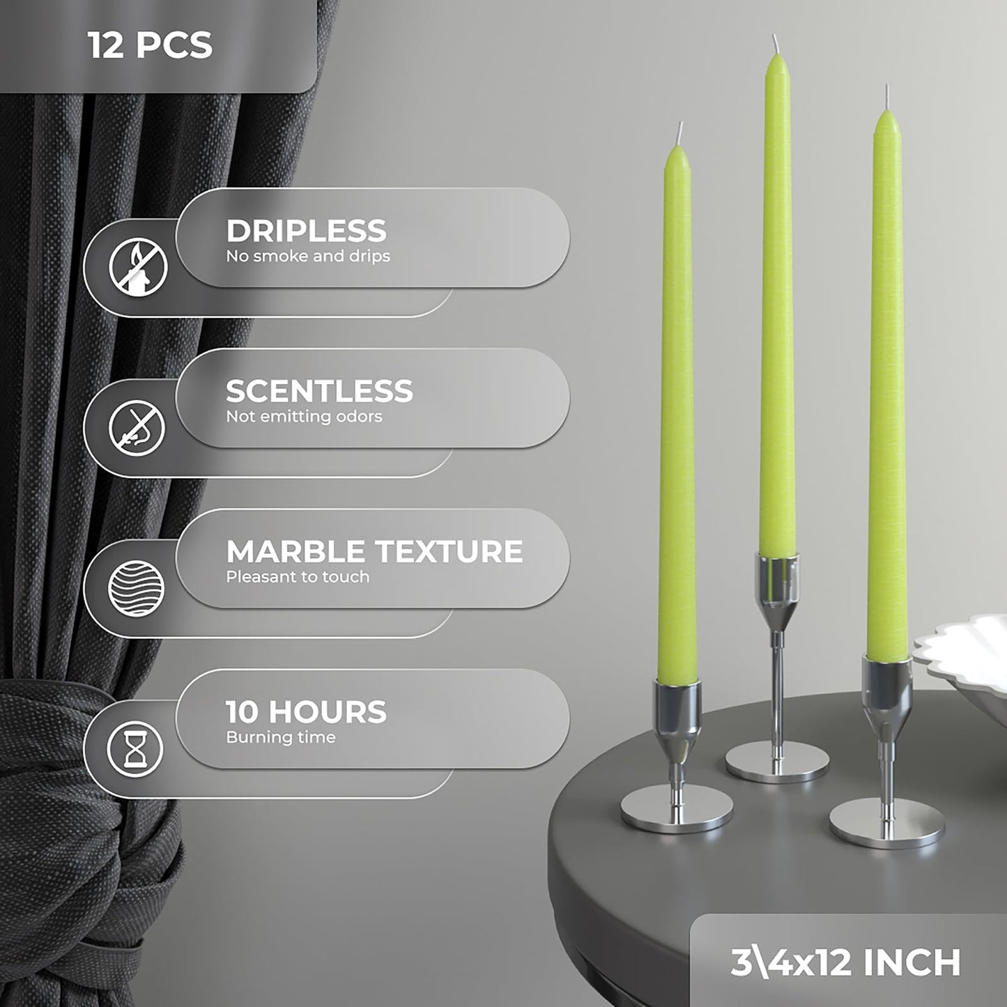 Candwax 12 inch Taper Candles Set of 12 - Dripless and Smokeless Candle Unscented - Slow Burning Candle Sticks Are Perfect As Thanksgiving Taper Candles - Olive