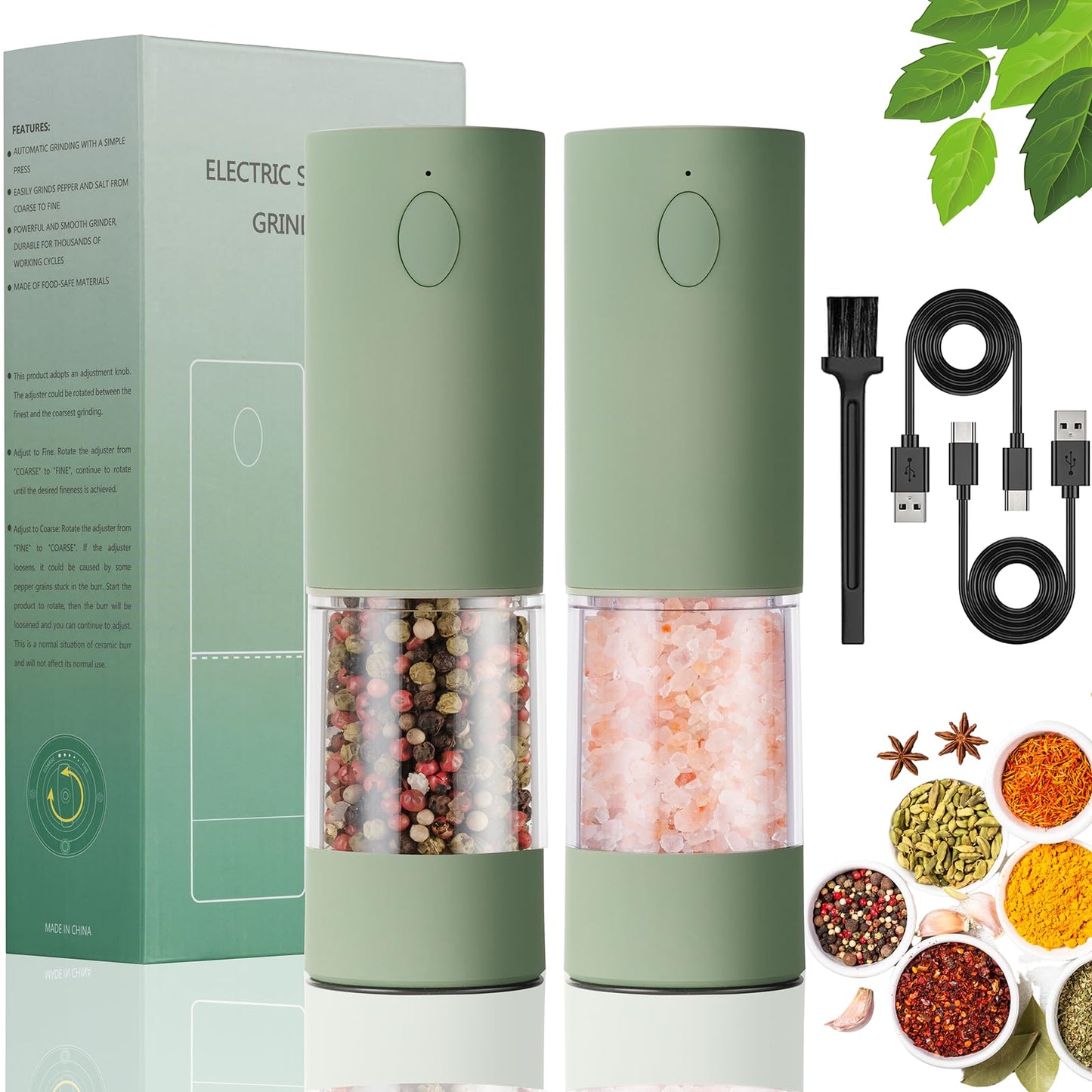 OPIIV Electric Salt & Pepper Grinder Set (2 Pack) – USB Rechargeable, Adjustable Coarseness, One-Handed Operation with LED Light – Automatic Spice Mill Shaker for Kitchen, Dining, or Camping