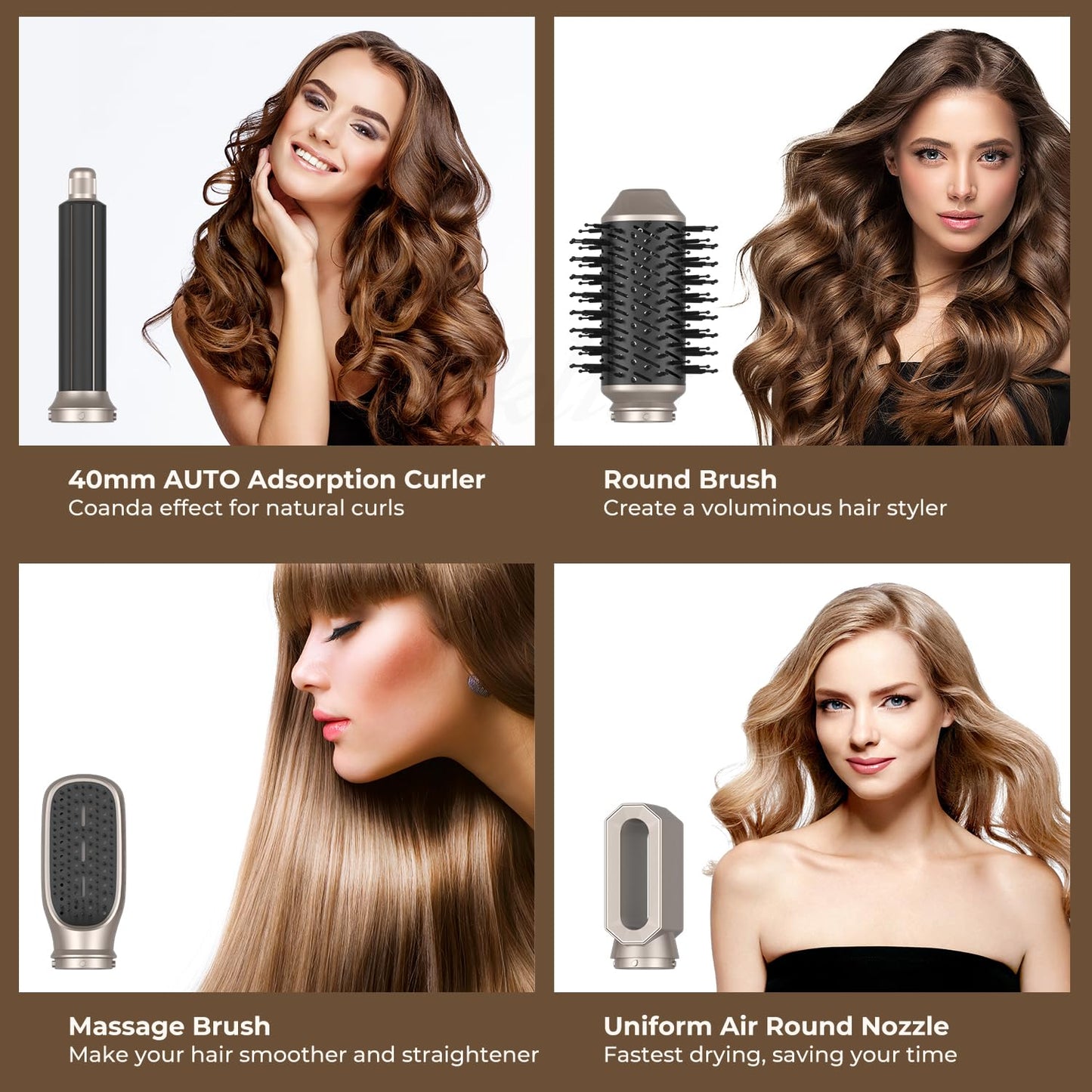Yitrust Hair Dryer Brush 6 in 1 Detachable Blow Dryer Brush Set 60000RPM Hair Styling Tool 1000W Professional Hot Air Styler Negative Ionic Hot Air Brush Auto Air Curler Straighten Round Brush (Gold)