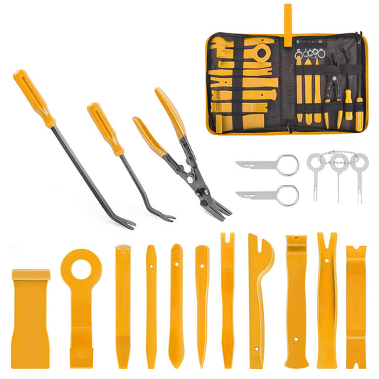 GOOACC 19Pcs Trim Removal Tool Set Panel Fastener Clips Removal Automotive Plastic Upholstery Pliers Removal Install Removal Car Tool with Storage Bag for Trim Panel Audio Clip Pliers Terminal-Yellow