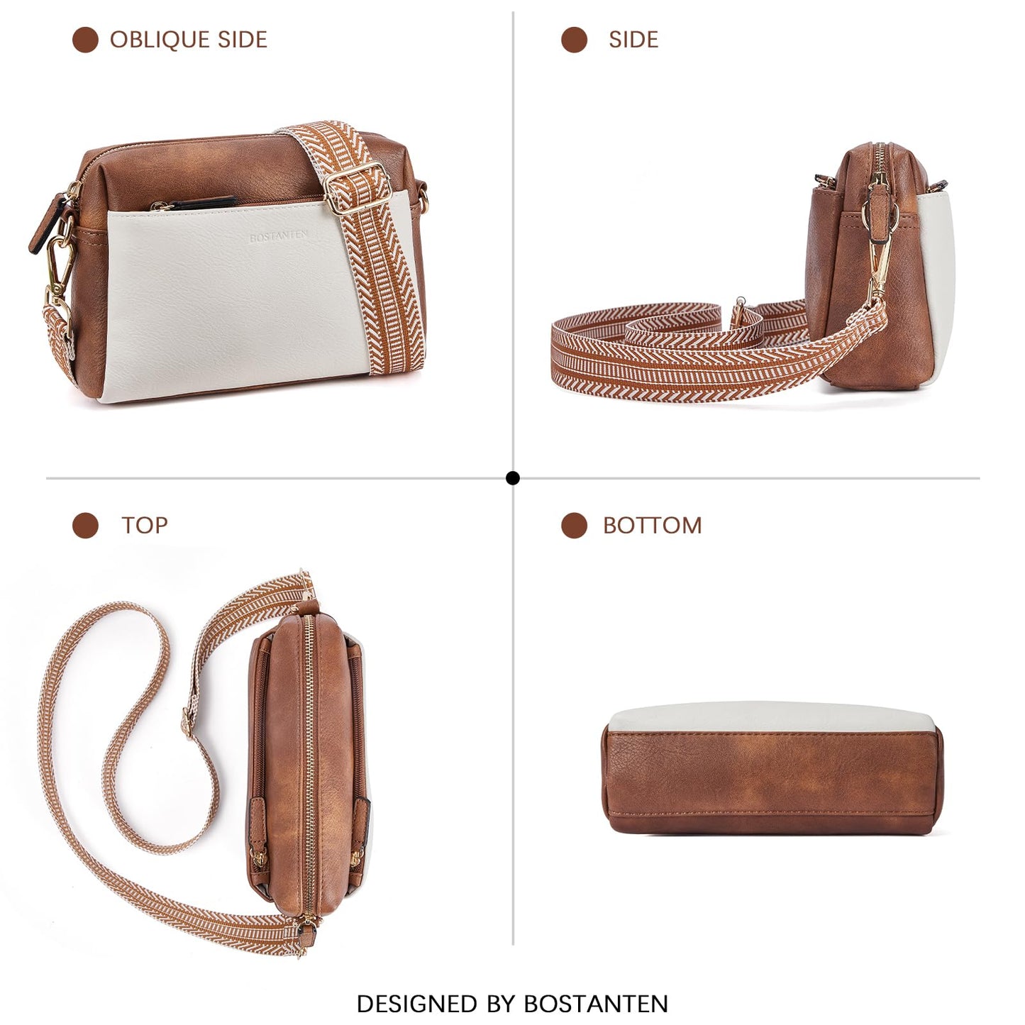 BOSTANTEN Small Crossbody Purse for Women Triple Zip Cell Phone Leather Shoulder Handbag with Wide Guitar Strap Beige with Brown