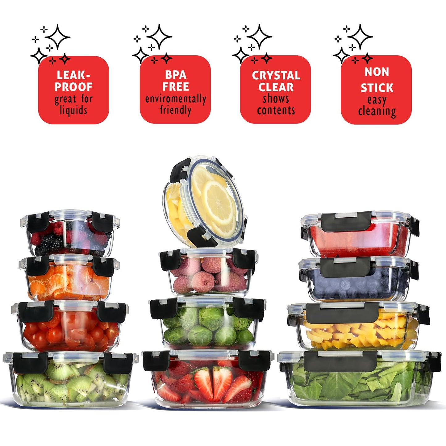 EATEX 24pc Glass Storage Containers with Lids, 12 Set Glass Food Storage Containers with 12 Airtight Lids, Pantry Kitchen Meal Prep Containers for Lunch, Freezer Storage Containers, Oven Safe