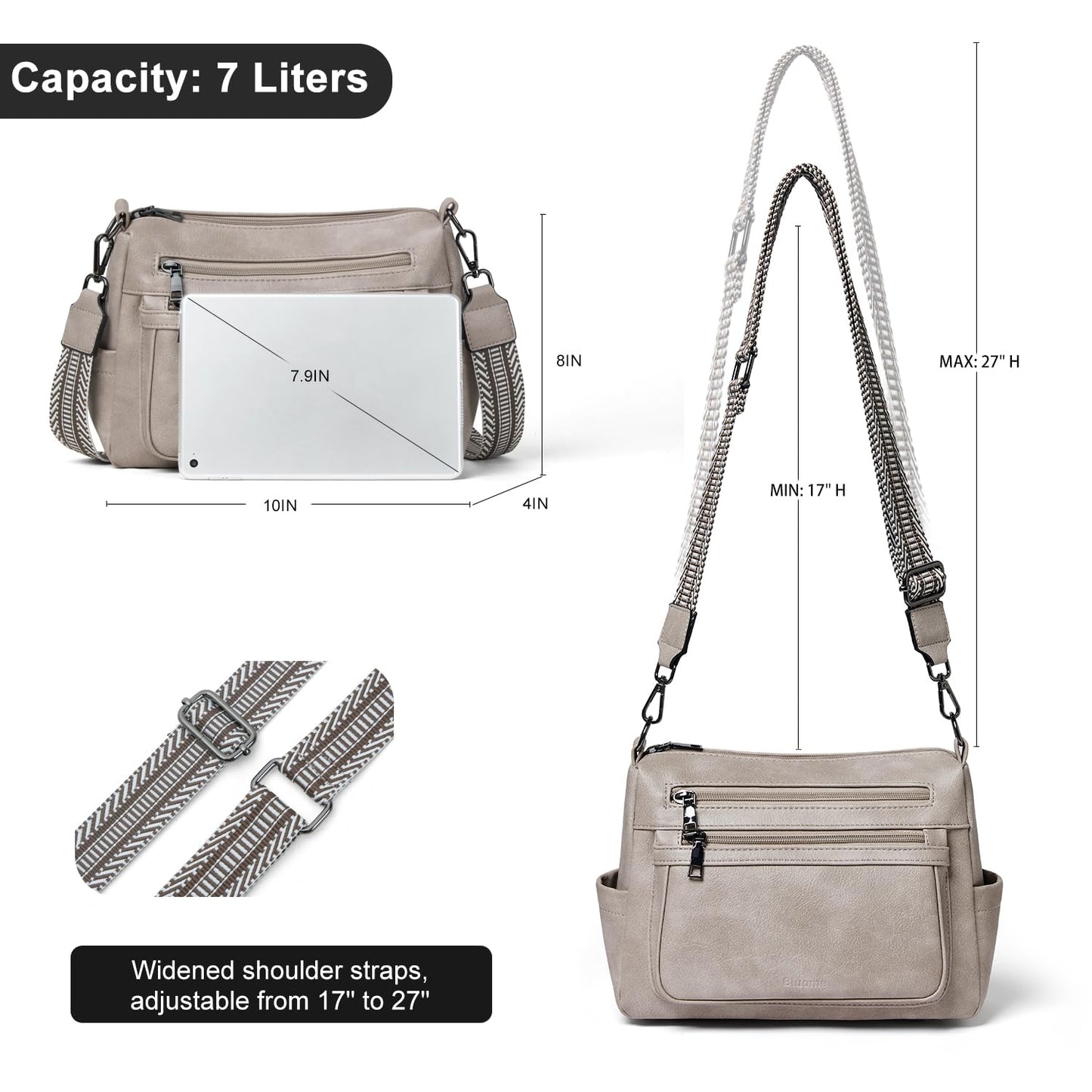 Bluome 7L Crossbody Purses for Women, Medium Crossbody Bags Vegan Leather Shoulder Handbags with Guitar Strap,Grey