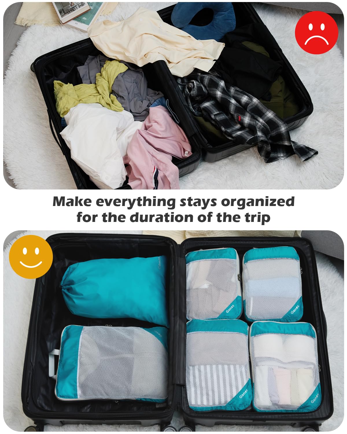 Gonex Compression Packing Cubes Mesh Organizers 1L+2M+2S+Laundry Bag Blue