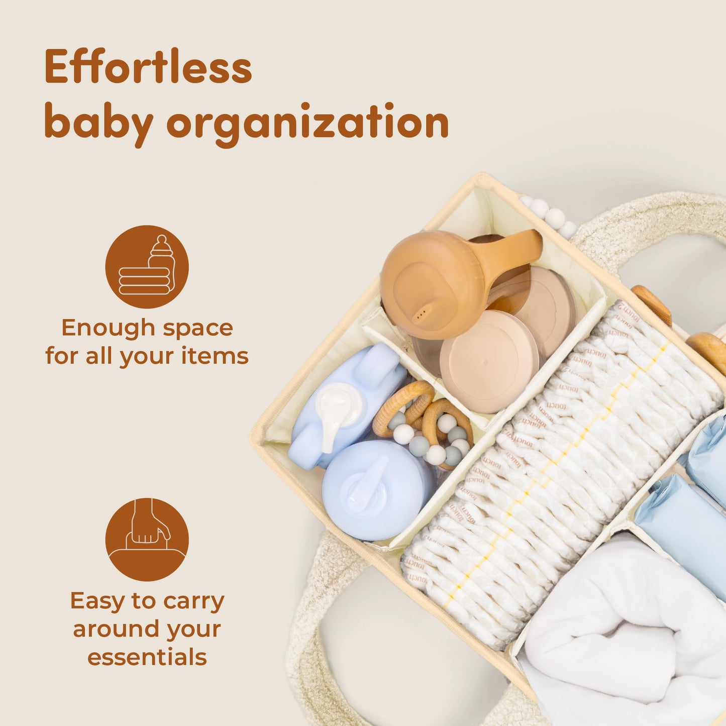 Sweety Fox Baby Diaper Caddy Organizer with Handle - Portable Sherpa Nursery Basket - Car Diaper Organizer, Cleaning Caddy, Gift for Baby Shower - Ivory