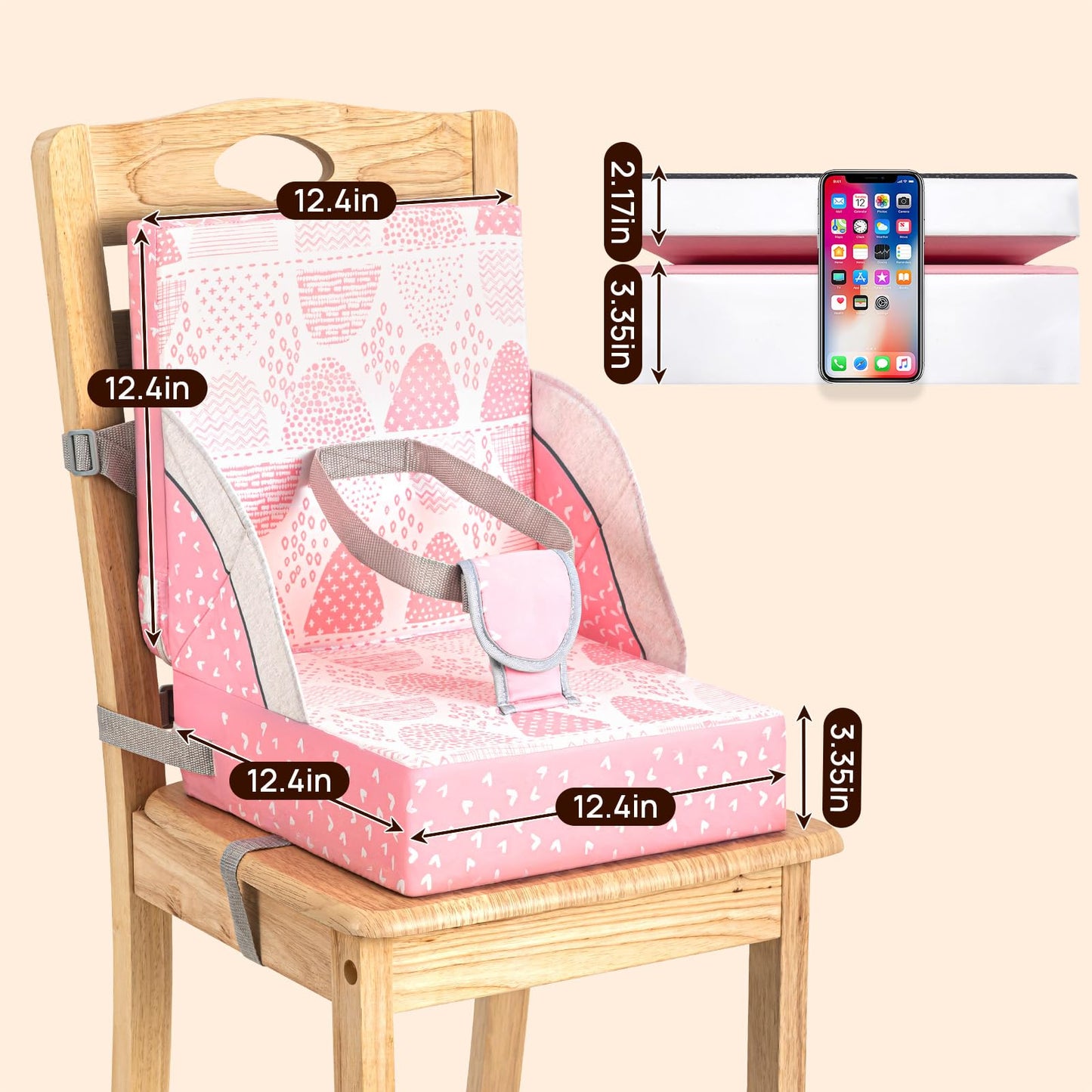 Toddler Booster Seat for Dining Table, Portable Booster Seat for Table, Adjustable Pink Cushion with Creative Design, Washable Seat Pad, Easy to Clean