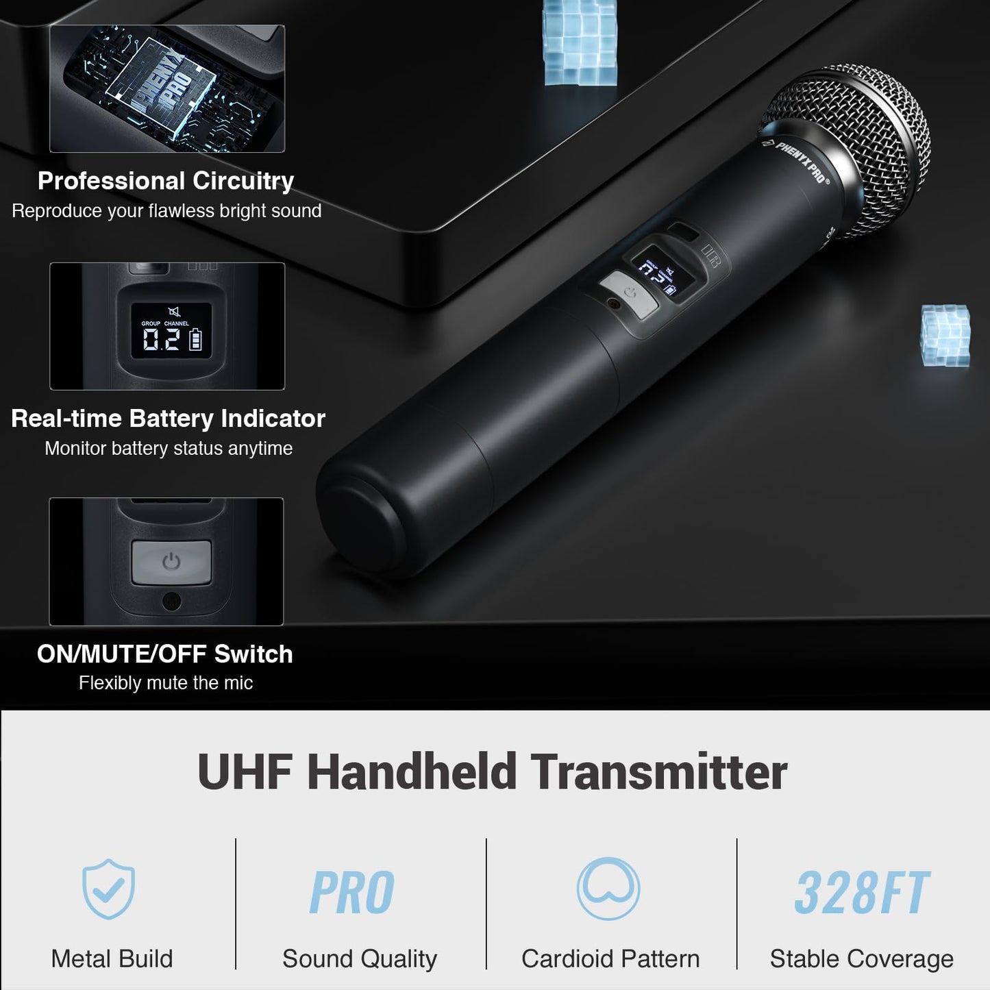 Phenyx Pro Wireless Microphone System, 8-Channel Wireless Mic, w/ 8 Handheld Dynamic Microphones, Auto Scan,8x40 UHF Frequencies, 328ft Range, Mics for Singing,Church, Karaoke(PTU-6000-8H)