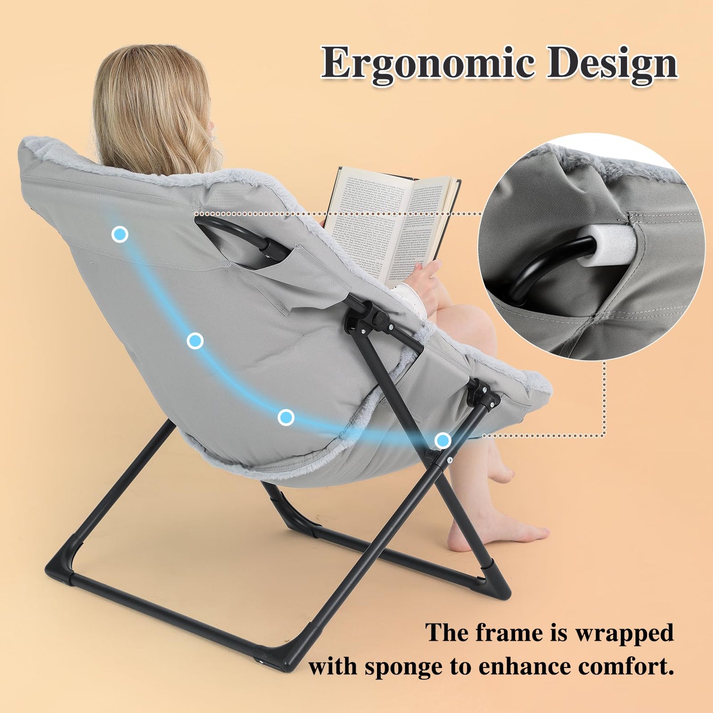 Mordchil HF Folding Saucer Chair, Comfy Faux-Fur Reading Chair, Foldable Accent Chair for Teens, Adults, Oversized Lazy Chair, Large Lounge Chair for Living Room, Bedroom, Dorm, Grey