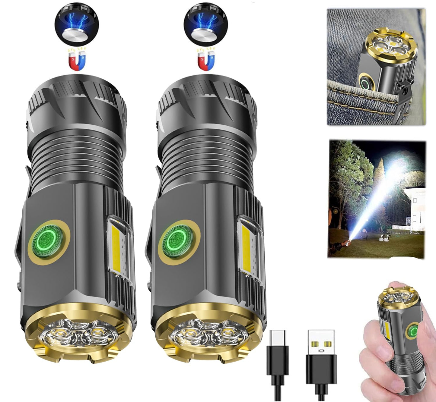 Rechargeable mini LED flashlight, 9000 lumens ultra bright small flashlight, with clip and magnet, IPX6 waterproof, 6 modes, suitable for camping, hiking, and emergency situations (2-piece set)