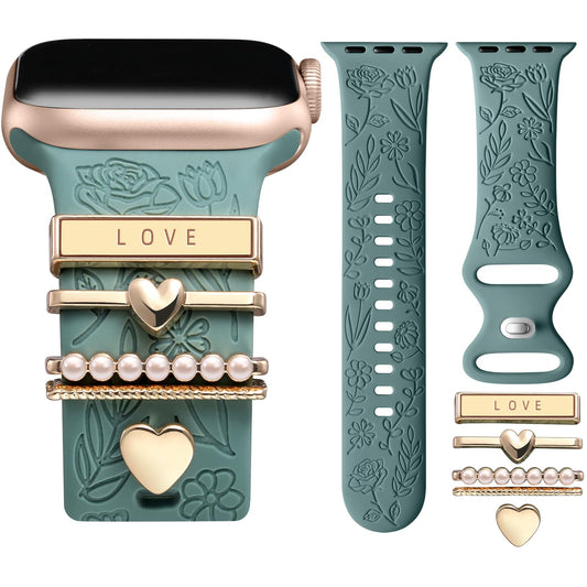 DaQin Flower Engraved Band Compatible with Apple Watch Bands for Women 40mm 38mm 41mm 42mm, Soft Silicone Band With Decorative Apple Watch Charms for iWatch Series 10 9 8 7 6 5 4 3 2 1 SE