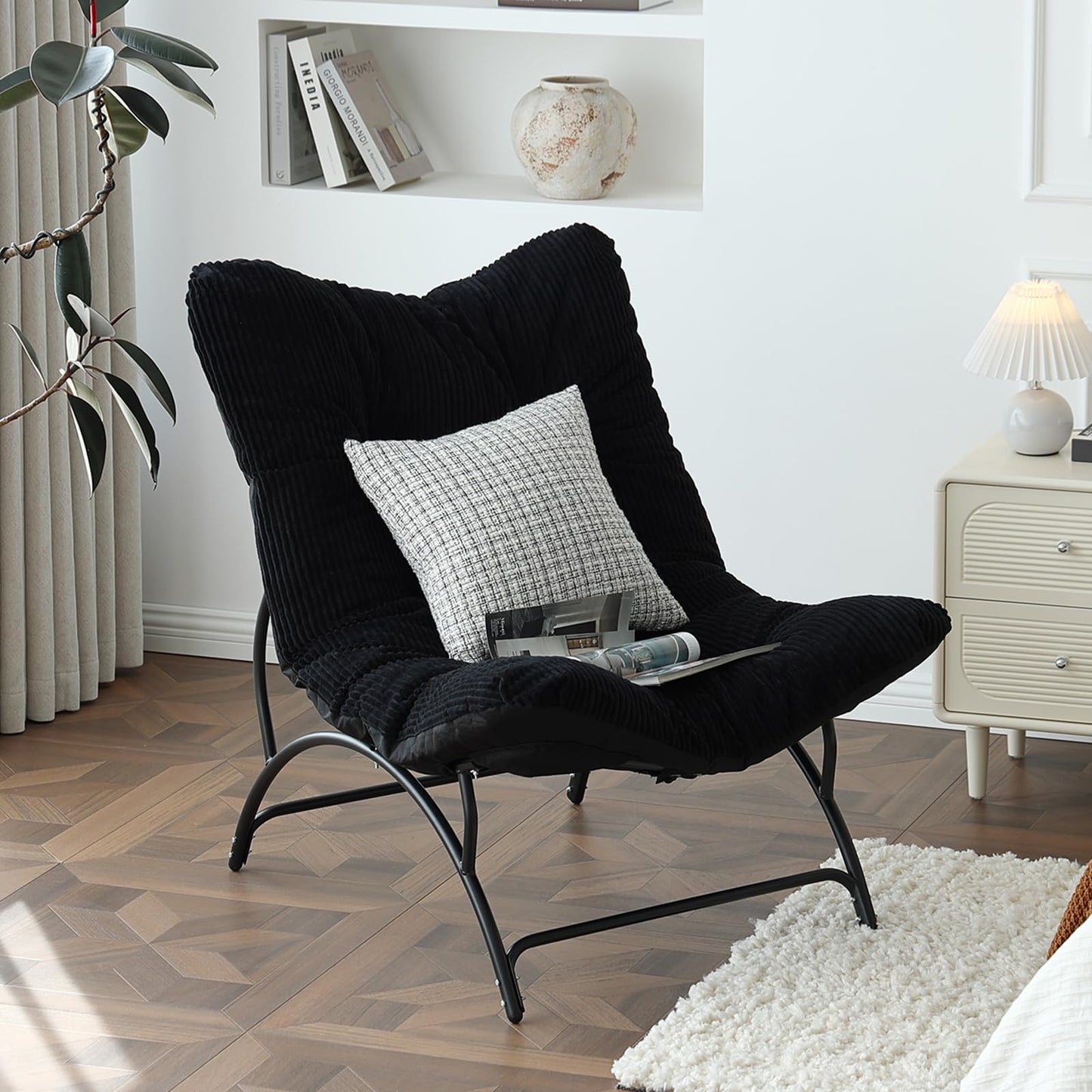 Welnow Accent Lounge Lazy Chair, Comfy Soft Leisure Metal Frame Reading Chair, Upholstered Thick Cushion Seated Recliner Sofa for Living Room, Bedroom, Dorm, Black