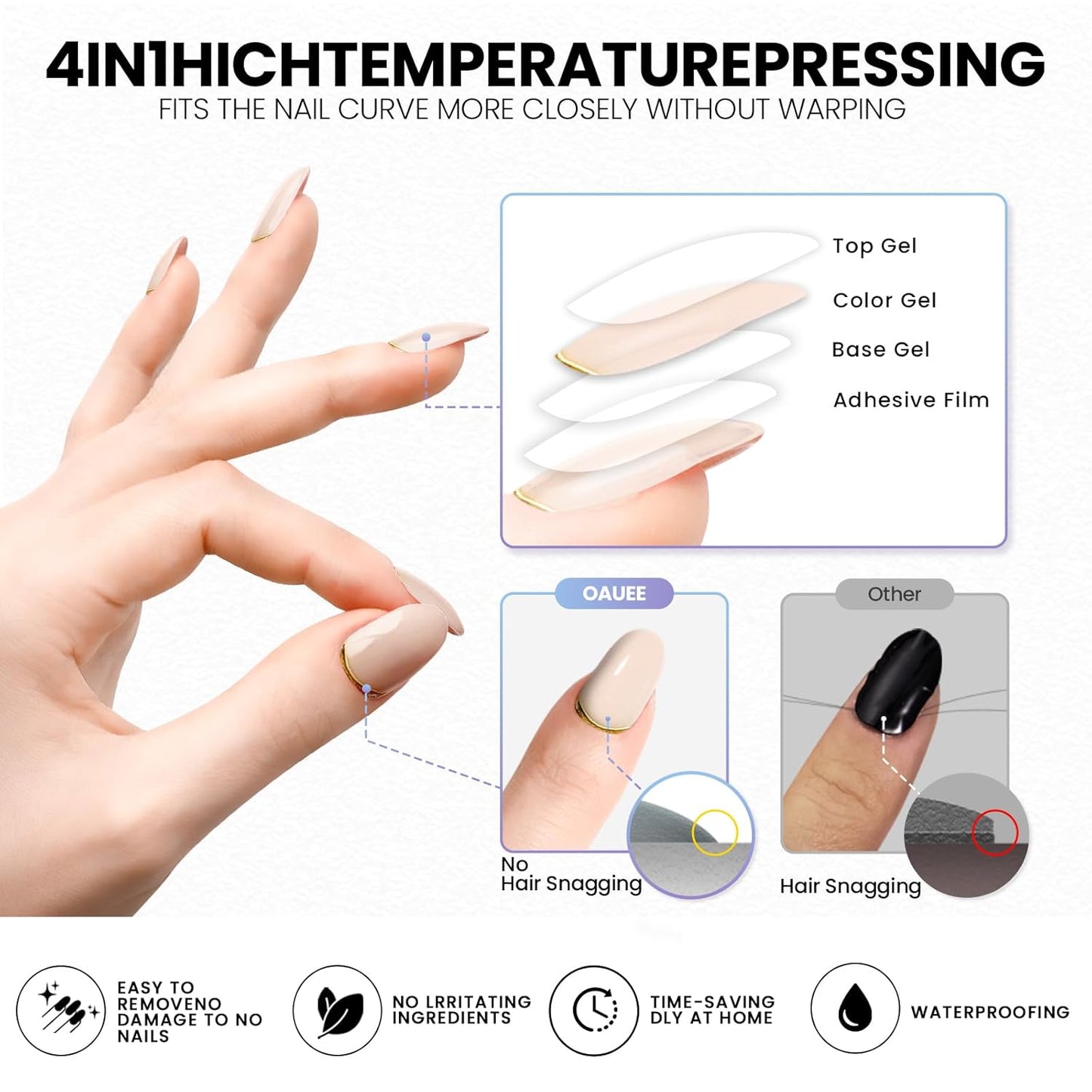 Semi Cured Gel Nail Strips | Built-In Gel Top Coat | UV Light Required | Salon Quality, Easy Application And Removal (Nude With Gold Trim)