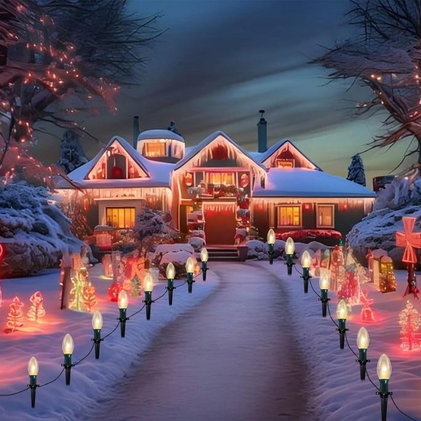 38Ft Outdoor Christmas Pathway String Lights with C9 Clear Markers, Extendable Walkway Lights for Xmas Party & Commercial Decor