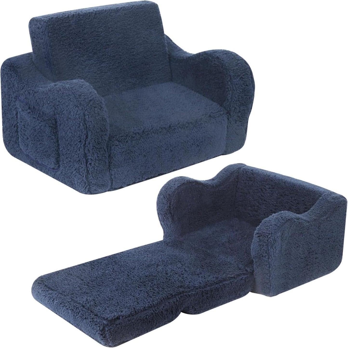 MOMCAYWEX Kids Chairs for Toddler, 2-in-1 Toddler Soft Sherpa Couch Fold Out, Convertible Sofa to Lounger for Girls and Boys, Dark Blue