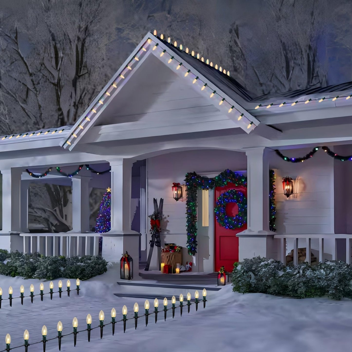 38Ft Outdoor Christmas Pathway String Lights with C9 Clear Markers, Extendable Walkway Lights for Xmas Party & Commercial Decor