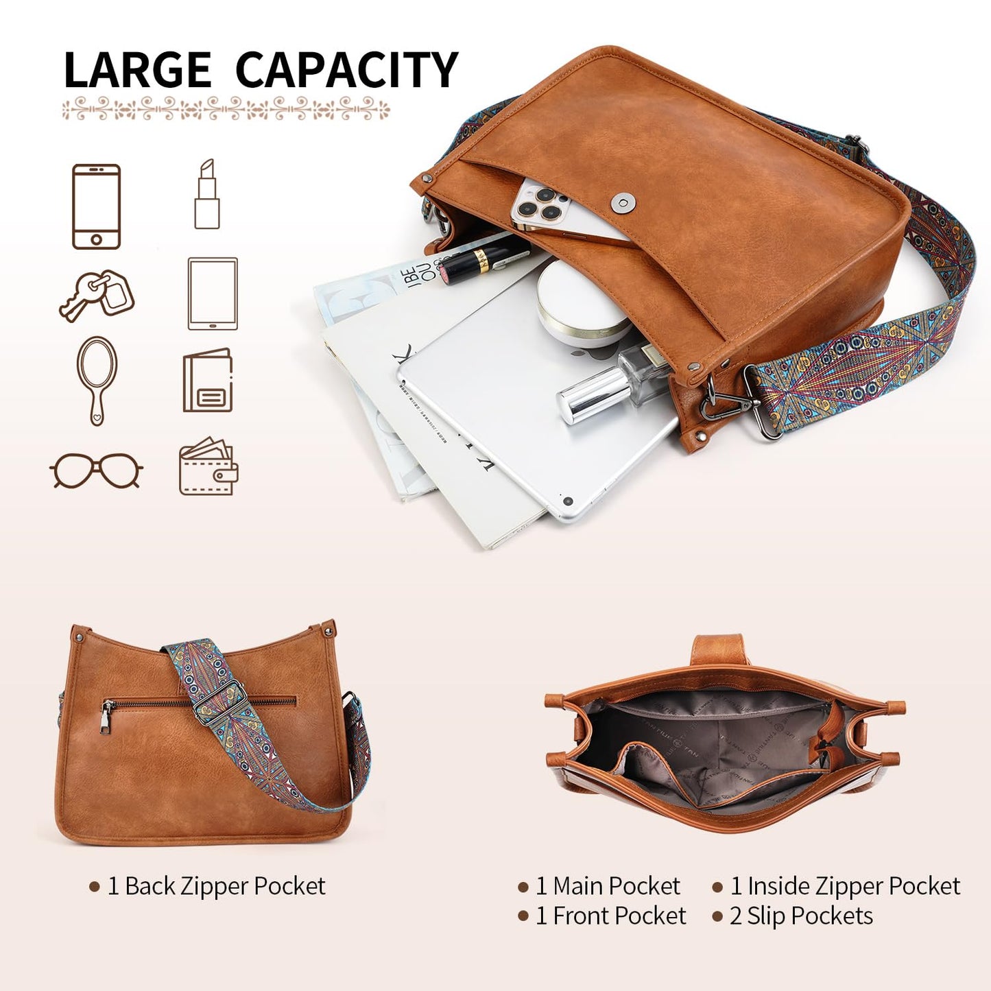 APHISON Crossbody Bags For Women Trendy, Vegan Leather Hobo Handbags Crossbody Purses Shoulder Bucket Bag with 2 Strap Brown