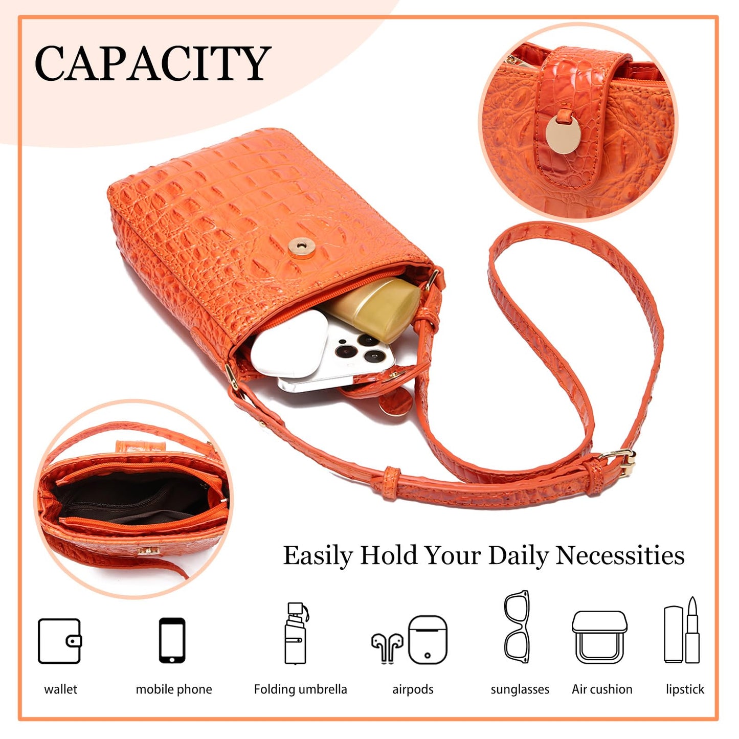 Makcr Joacbv Crocodile Embossed Small Crossbody Bag Fashionable Magnetic Buckle Decoration Shoulder Women's Luxury Wallet