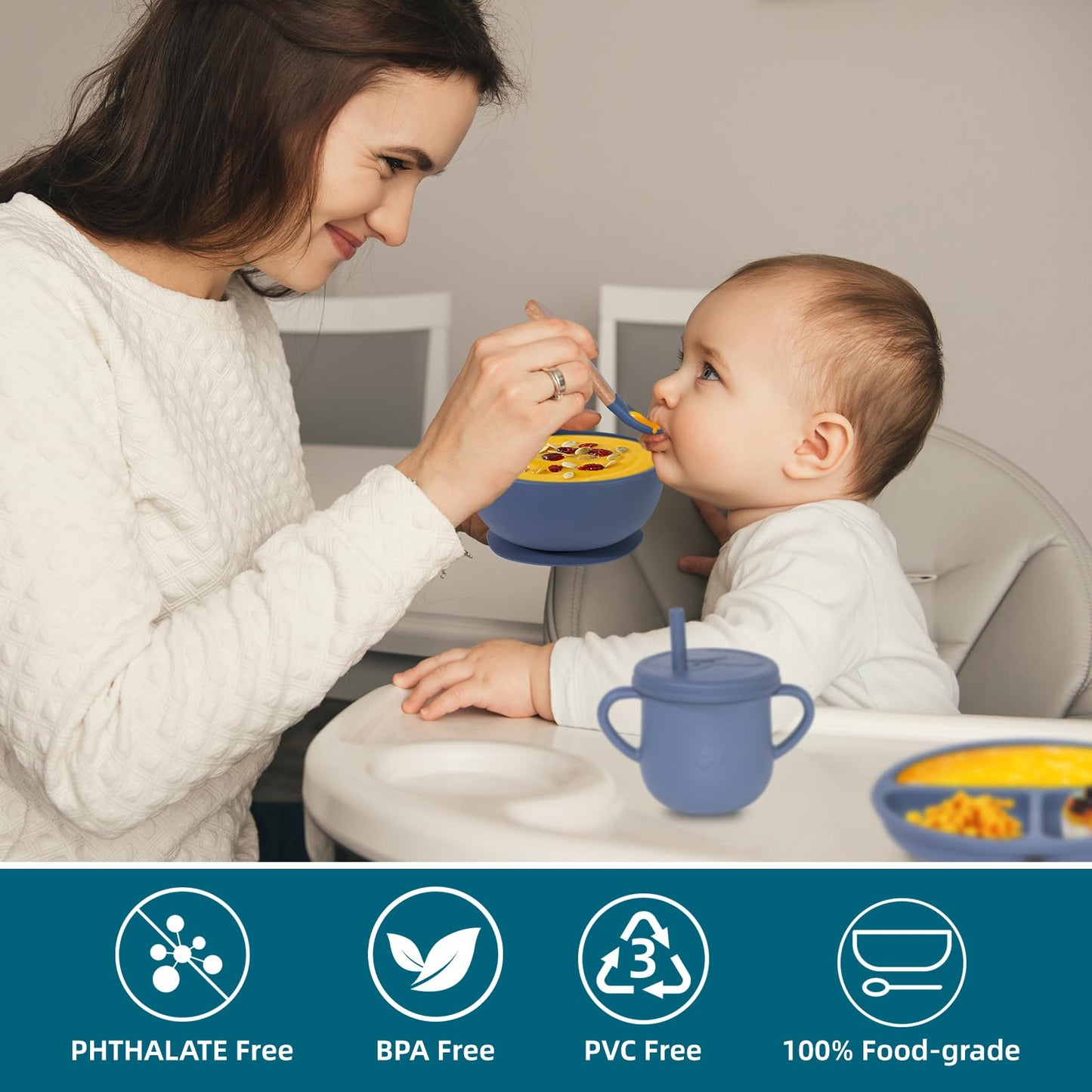 Dormlony 100% Silicone Baby Feeding Set,BPA Free Baby Dishes Set with Suction Bowl Divided Plate,Toddler Self Feeding Dish Set with Spoons Forks Sippy Cup and Bib, Baby Eating Utensils (Navy Blue)