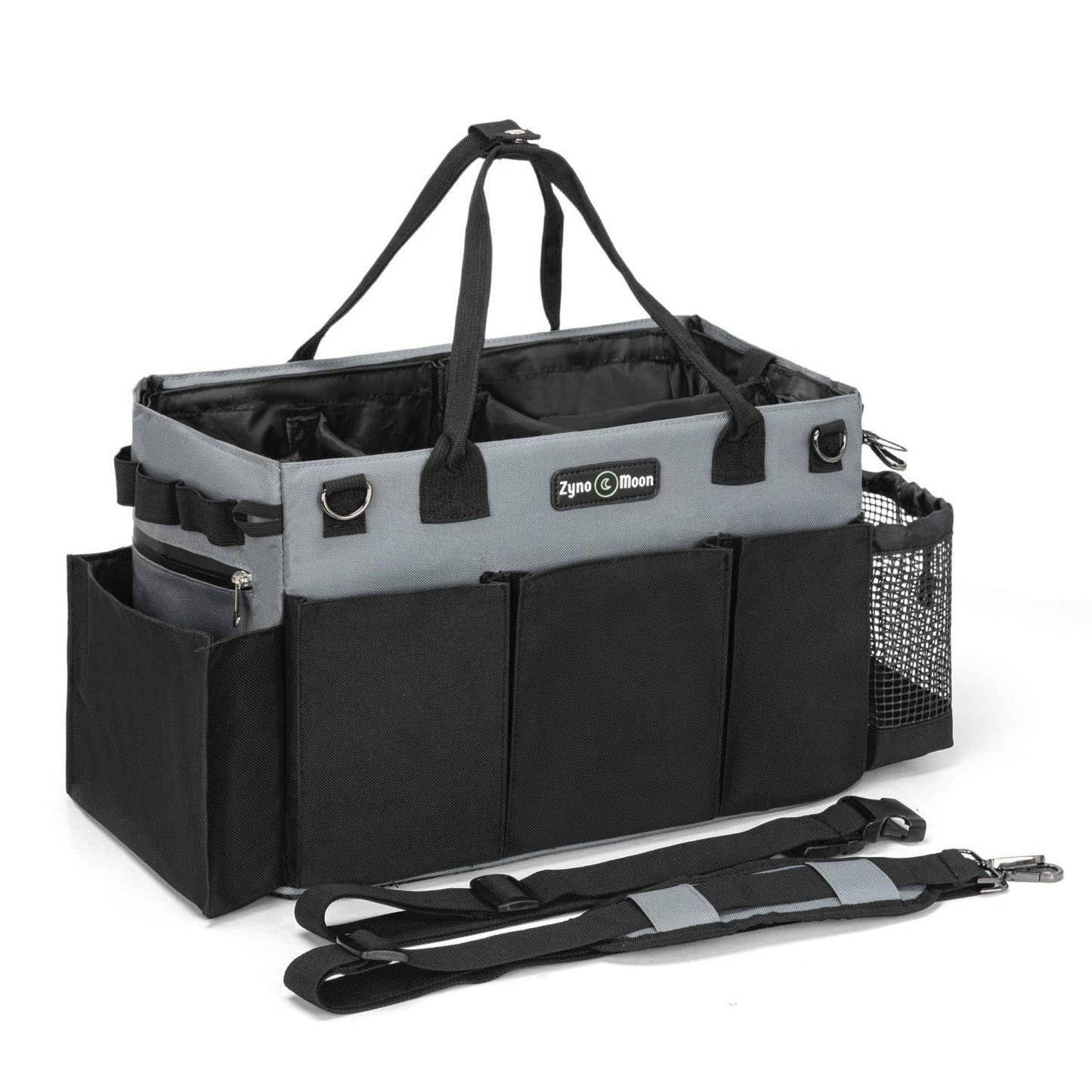 Zyno Moon Wearable Cleaning Caddy – Portable Detailing Organizer with Spill-Proof Liner, Straps & Handles – Large Tote for Cleaning Pros, Auto Detailers, and Housekeepers – Black/Gray