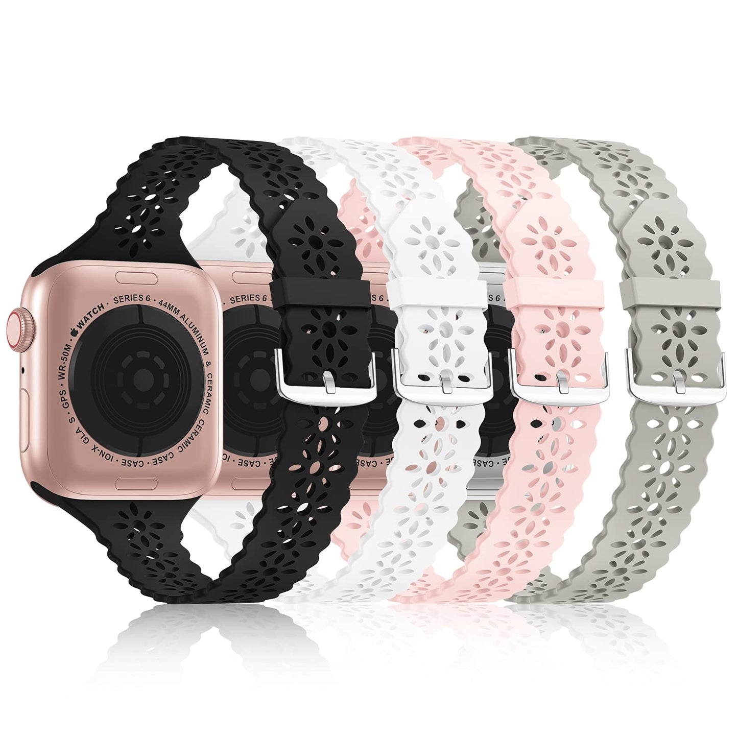 Bandiction 4 Pack Lace Silicone Bands Compatible with Apple Watch Band 38mm 40mm 41mm 42mm 44mm 45mm 46mm 49mm, Women Slim Thin Hollow-out Wristband for iWatch Series 10 9 Ultra 8 SE 7 6 5 4 3 2 1