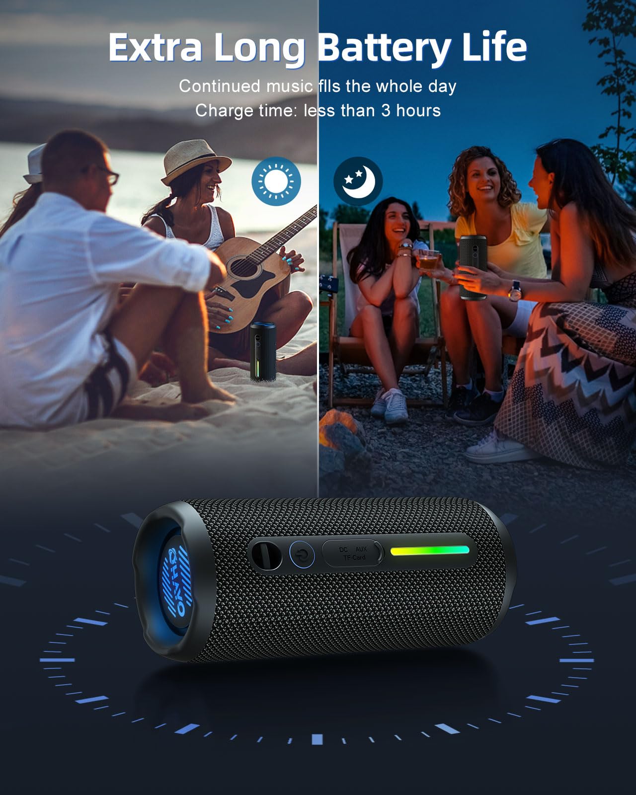 OHAYO Portable Bluetooth Speaker - IPX7 Waterproof, Wireless Stereo Pairing, 25-Hour Playtime, 24W Loud Sound, Bluetooth 5.3, Bass Boost, LED Lights, for Home/Shower/Outdoor/Beach/Travel, Gift Ideas