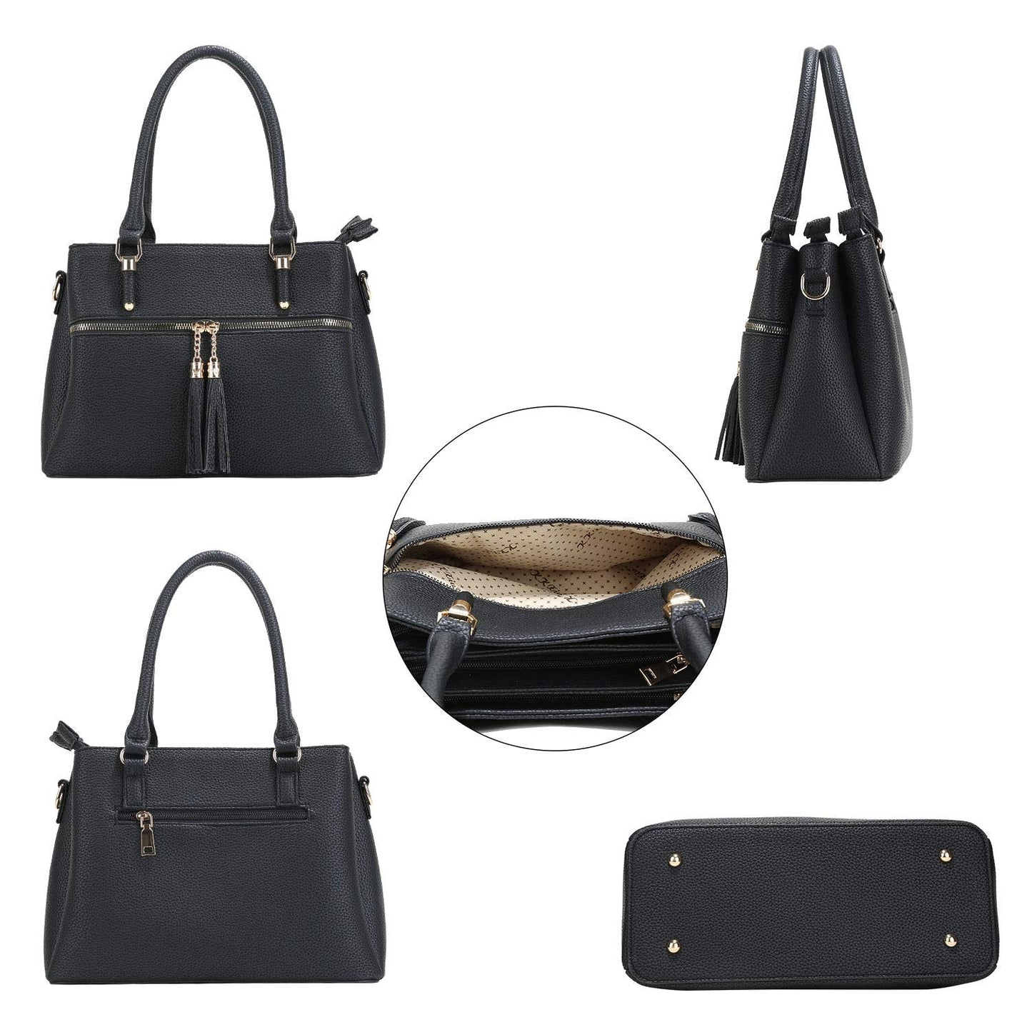 KKXIU 3 Zippered Compartments Purses and Handbags for Women Vegan Leather Ladies Multi Pocket Satchel Bags (D-black)