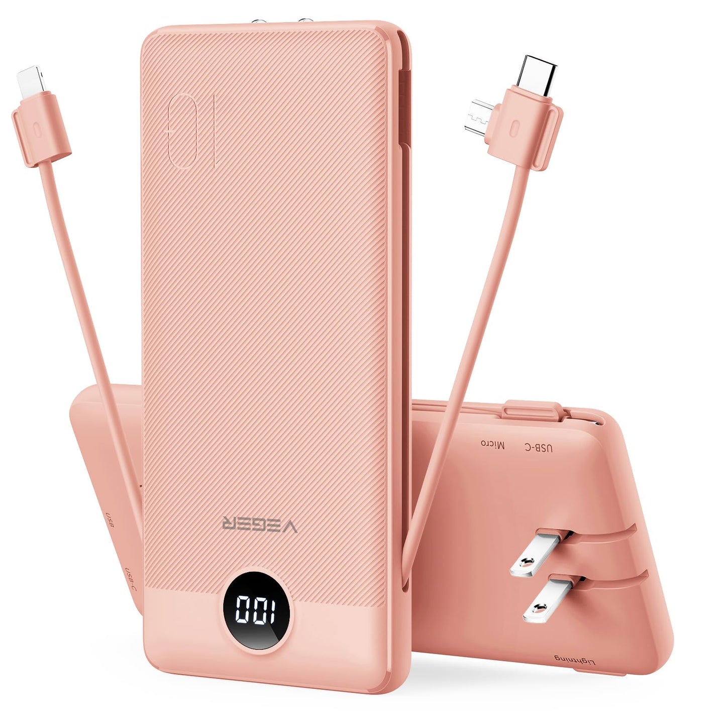 VEGER Portable Charger for iPhone Built in Cables and Wall Plug, 10000mah Slim Fast Charging USB C Power Bank, Travel Essential Battery Pack Compatible with iPhones, iPad, Samsung More Devices(Purple)
