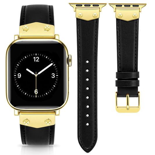 JR.DM Leather Band Compatible with Apple Watch Bands Women 38mm 40mm 41mm 42mm 44mm 45mm 46mm 49mm, Top Genuine Leather Strap with Studded Metal Charms for iWatch SE Series 10/9/8/7/6/5/4/3/2/1 Ultra