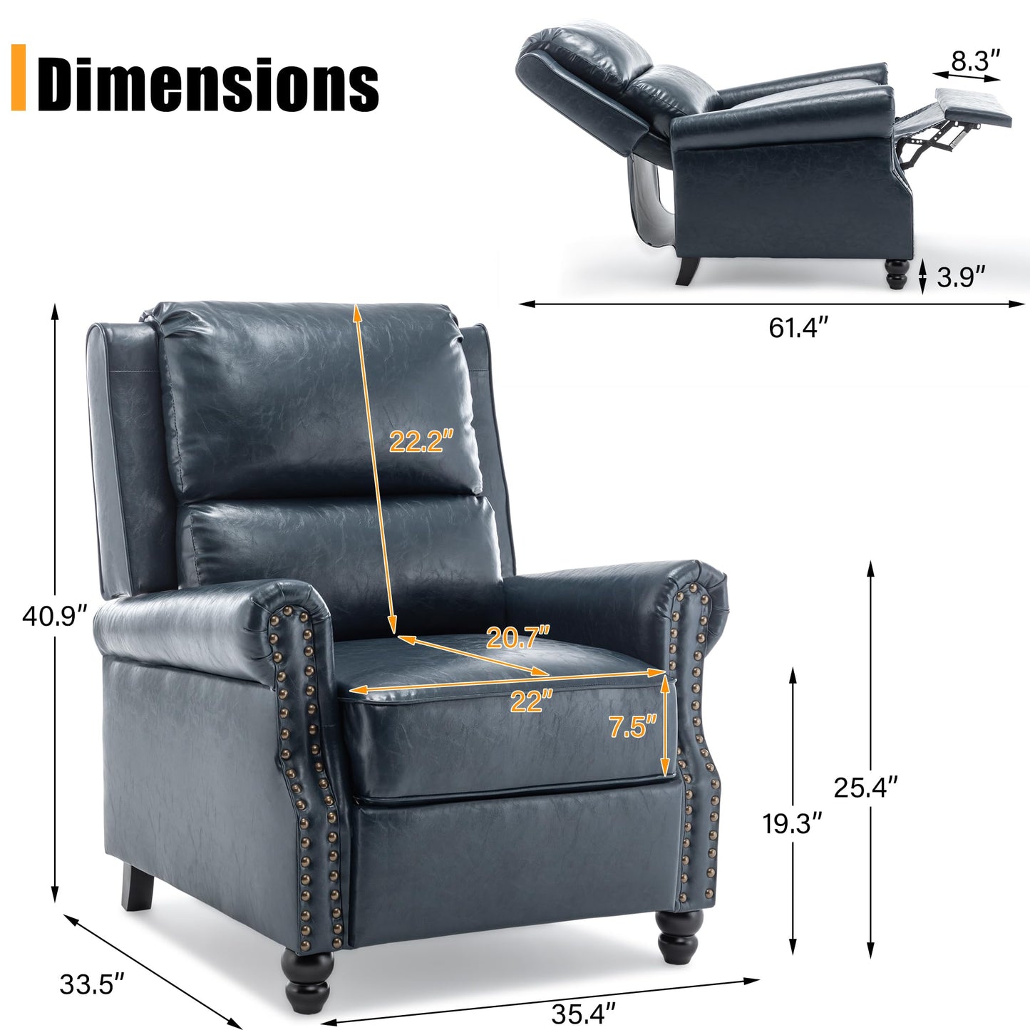 Pushback Recliner Chair,Upholstered Wingback Chair for Small Spaces,2 Set of PU Leather Armchair for Living Room,Single Sofa Accent Chair Reading Seat for Balcony,Bedroom-Navy Blue