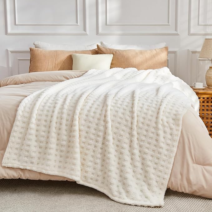 NEWCOSPLAY Super Soft Queen Blanket Ivory Premium Silky Flannel Fleece 3D Waffle Checkered Lightweight Bed Blanket All Season Use (Ivory, Queen(90"x90"))