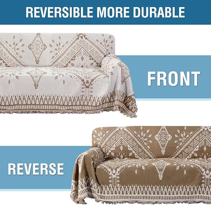 H.VERSAILTEX Reversible Sofa Cover Couch Cover for Dog Sofa Slipcover for Most Shape Sofa Furniture Protector with Tassels Sectional Couch Cover (X-Large: 71" x 118", Sand/White)